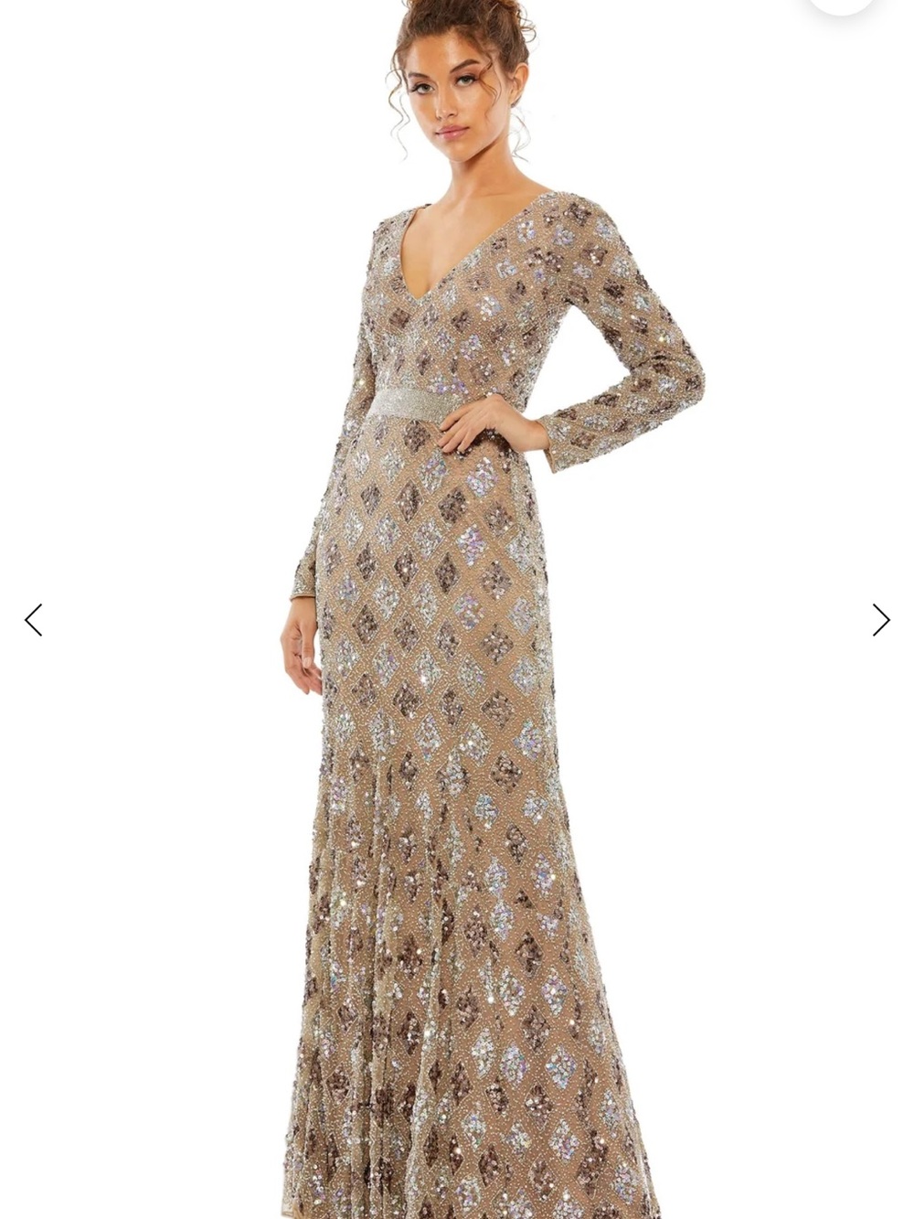 Mac Duggal Champagne Sequin V-Neck Long Sleeve Gown
